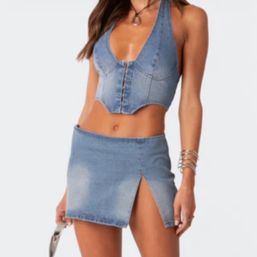 Edikted Denim Halter Top and Skirt Set